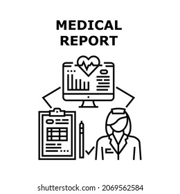 Medical Report Vector Icon Concept. Medical Report And Ill Story Of Patient Health Examination, Analysis And Treatment. Reporting Of Researchment And Statistic On Computer Screen Black Illustration