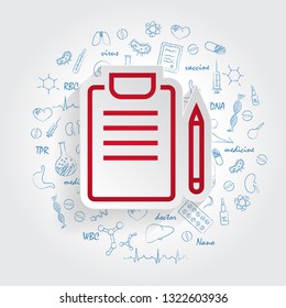 Medical Report vector icon for mobile application, button and website design. Illustration isolated on handdrawn healthcare doodles background. logo, app, infographic