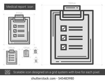 Icono de línea vectorial de informe médico aislado en fondo blanco. Icono de línea de informe médico para infografía, sitio web o aplicación. Icono escalable diseñado en un sistema de cuadrícula.