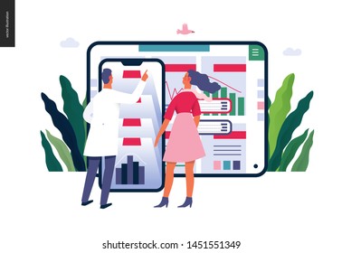 Medical reports application -medical insurance illustration -modern flat vector concept digital illustration -patient and a doctor using the medical application with reports and test results, metaphor