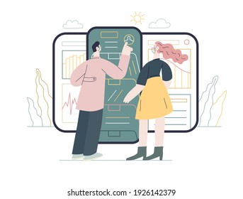 Medical reports application -medical insurance illustration -modern flat vector concept digital illustration -patient and a doctor using the medical application with reports and test results, metaphor