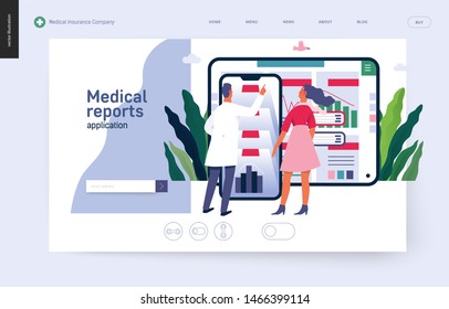 Aplicación de reportes médicos -plantilla web de seguro médico- moderno concepto de vector plano ilustración digital -paciente y médico usando la aplicación médica con informes y resultados de pruebas, metáfora