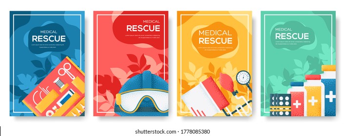 Medical rescue brochures magazines, poster, book cover, banners. invitation cards concept background. Layout illustration modern slider page. Grain texture and noise effect. Vector design image.