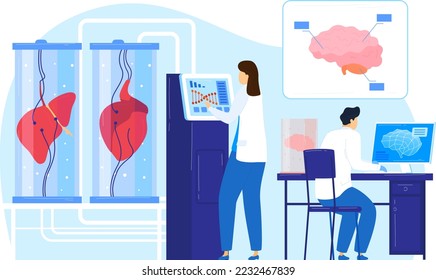 Medical research about human organ, doctor at medicine science work, vector illustration. Cartoon people scientist at laboratory