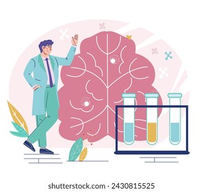 Medical research and analysis in neuroscience and brain science. Computed tomography and neurobiology banner concept, flat vector illustration isolated on white.