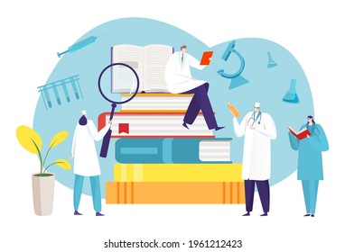 Medical research associate, university higher education institution textbook, tiny student flat vector illustration, isolated on white.