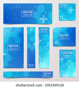 Medical research banner with technological, scientific, abstract, geometric background. Set web banner templates for advertising and attracting customers with polygonal abstract shapes, circles, lines