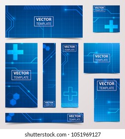 Medical research banner with technological, scientific, abstract, geometric background. Set web banner templates for advertising and attracting customers with polygonal abstract shapes, circles, lines