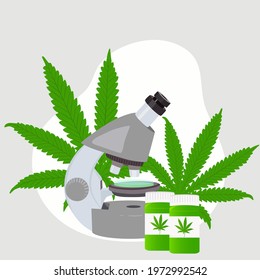 Medical research of cannabis with a microscope. Vector illustration.