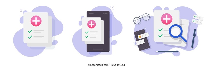 Medical research check list technology on mobile phone app online vector icon, healthcare patient prescription checkup checklist paper form graphic illustration, clinic diagnostic study report clipart