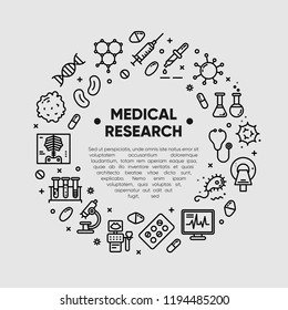 Medical Research, Clinical Laboratory, Lab Tests & Healthcare, Medical Equipment Design Element. Medical Science, Microbiology, Virology Study, Immune System And Genetics Analysis. Vector Outline Icon