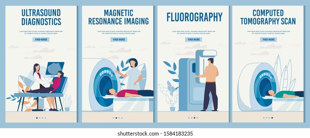 Medical Research. Clinical Services Order. Mobile Landing Page Set in Trendy Flat Design. Ultrasound Diagnosis, Magnetic Resonance Imaging, Fluorography, Computed Tomography Scan. Vector Illustration