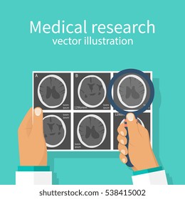 Medical research concept. CT-scans, X-ray human head brain images  in doctor hand. Diagnostic Laboratory. Studying analysis. Vector illustration flat design. Attentively examines MRI scan.