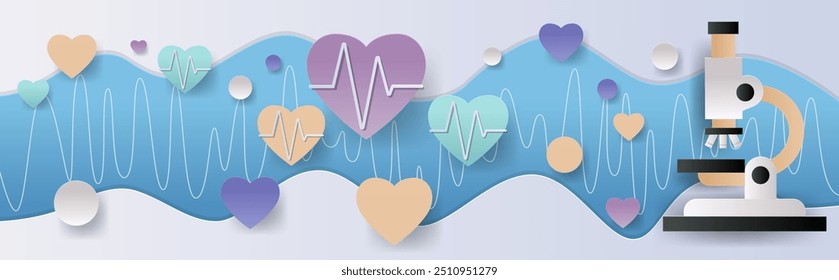 Conceito de pesquisa médica com formas de coração de microscópio e linhas de ECG no estilo de corte de papel azul e cores pastel fundo tema científico