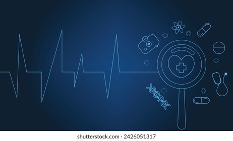 Medical research concept vector banner design with medical icons and signs such as stethoscope, pills, dna, atom, magnifying glass, heart  all on a dark blue background. 