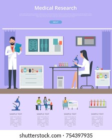 Medical research description on purple background. Vector illustration with doctor and nurse working with microscope in hospital laboratory