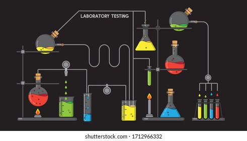 Medical research and development isolated on black background. Cartoon style experiment with various chemicals in flasks, in search for a treatment, cure or a vaccine for Covid-19. EPS10 vector format