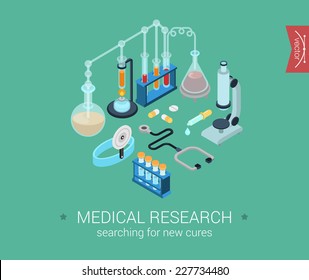 Medical research flat 3d isometric pixel art modern design concept vector icons composition set. Microscope, flask, bulb, cure pills. Flat web infographics elements collection for website.