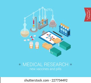 Medical Research Flat 3d Isometric Pixel Art Modern Design Concept Vector Icons Composition. Medicine, Molecular Science Experiment, New Cure, Technology. Web Flat Illustration Infographic Collection.