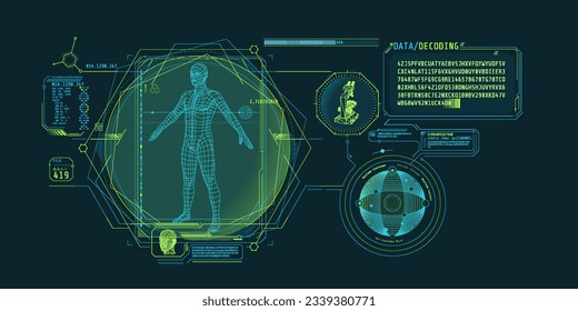 Medical research futuristic interface screen with data decoding.