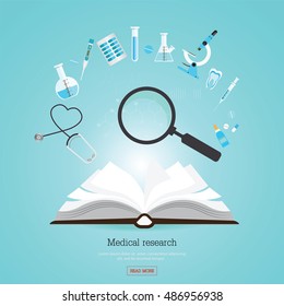 Medical Research Health Care With Open Book And Medical Equipment, Flat Banners Conceptual Flat Design Vector Illustration.