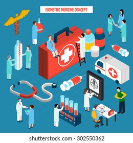 Medical research healthcare and emergency concept with stethoscope tests results isometric pictograms composition poster abstract vector illustration