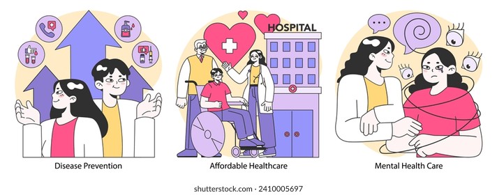 Medical research and healthcare set. Innovative diagnosis and treatment methodic. Global healthcare development. Holistic approach to well-being. Flat vector illustration