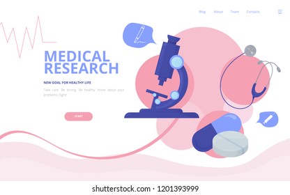 Medical Research and Healthcare vector illustration for web in trendy retro style: landing page design concept with medical equipment like microscope, stethoscope, capsule, tablet.