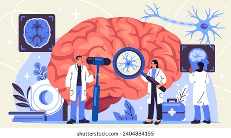 Investigación médica del cerebro humano. Un grupo de jóvenes científicos y médicos diagnostica hemisferios cerebrales. Tomografía computarizada de la cabeza o estudio del sistema nervioso. Dibujo vectorial plano de dibujos animados