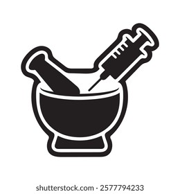 Medical Research Icon: Mortar and Pestle with Syringe