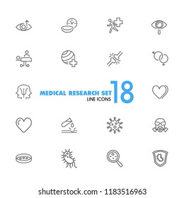 Medical research icons. Set of  line icons. Urgent help, heart decease, virus. Medical research concept. Vector illustration can be used for topics like decease prevention, medication, health care.