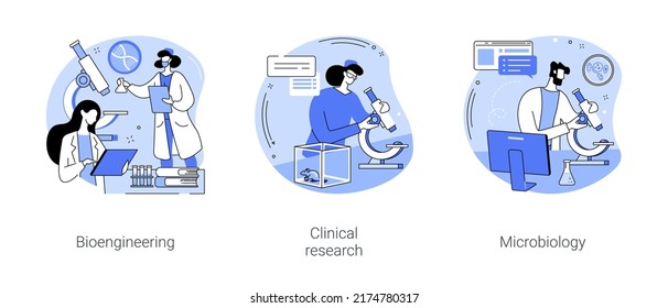 Medical research isolated cartoon vector illustrations set. Bio engineering experiment in scientific laboratory, collect clinical data, worker with microscope, microbiology studies vector cartoon.