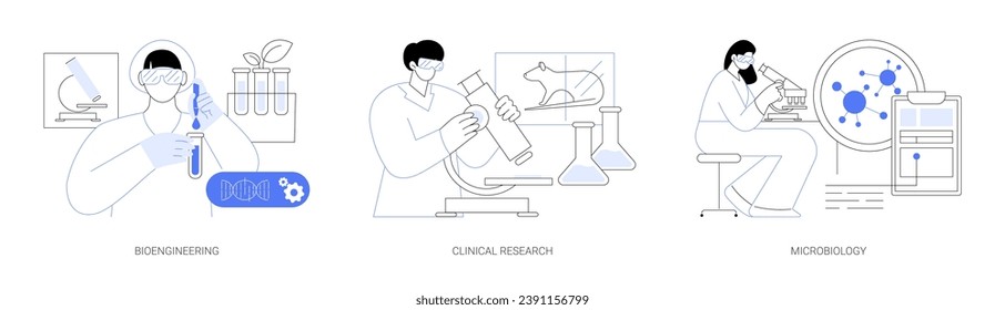 Medical research isolated cartoon vector illustrations set. Bio engineering experiment in scientific laboratory, collect clinical data, worker with microscope, microbiology studies vector cartoon.