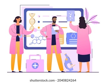 Medical research in laboratory. Biochemical science lab staff performing various experiments. Scientific group on screen, human body. Cartoon flat vector illustration isolated on white background