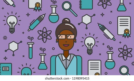 Medical research. Laboratory. Black woman scientist. Vector illustration. Concept for web page, banner, presentation, social media, documents, cards, posters. Outline style.