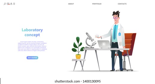 Medical research laboratory concept in cartoon style. Cartoon character laboratory assistent. Pharmaceutical or chemical lab with microscope and test tubes equipment business landing page tamplate