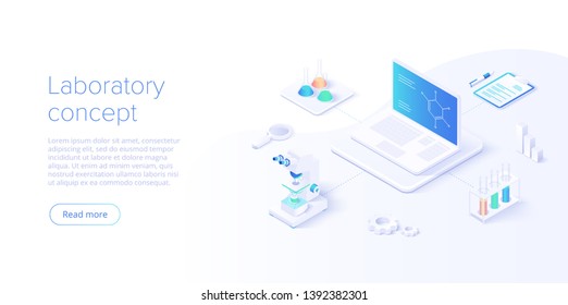 Medical research laboratory concept in isometric vector illustration. Pharmaceutical or chemical lab background with microscope and equipment. Web banner layout template.