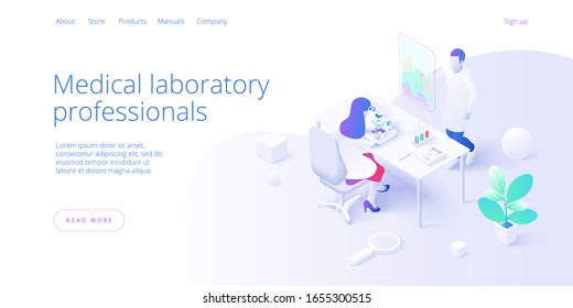 Medical research laboratory concept in isometric vector illustration. Pharmaceutical or chemical lab female and male assistants at desk with microscope. Web banner layout template.