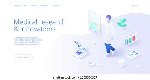 Medical research laboratory concept in isometric vector illustration. Pharmaceutical or chemical lab male assistant or pharmacist at desk with microscope. Web banner layout template.