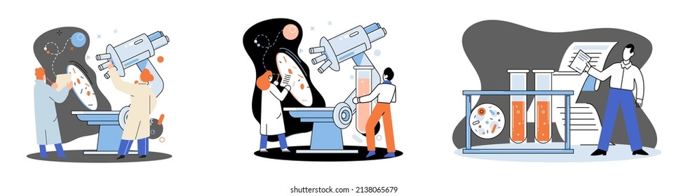 Medical research. Laboratory diagnostic services, medical device design development scenes metaphor. Scientists in hemistry clinic laboratories, microbiology pharmaceutical research. Vaccine discovery
