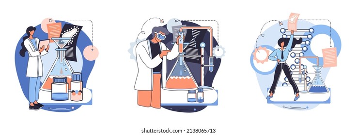 Medical research. Laboratory diagnostic services, medical device design development scenes metaphor. Scientists in hemistry clinic laboratories, microbiology pharmaceutical research. Vaccine discovery