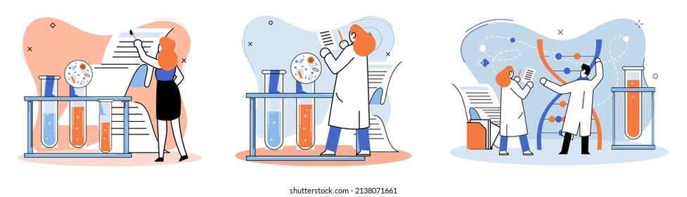 Medical research. Laboratory diagnostic services, medical device design development scenes metaphor. Scientists in hemistry clinic laboratories, microbiology pharmaceutical research. Vaccine discovery