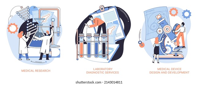 Medical research. Laboratory diagnostic services, medical device design development scenes metaphor. Scientists in hemistry clinic laboratories, microbiology pharmaceutical research. Vaccine discovery