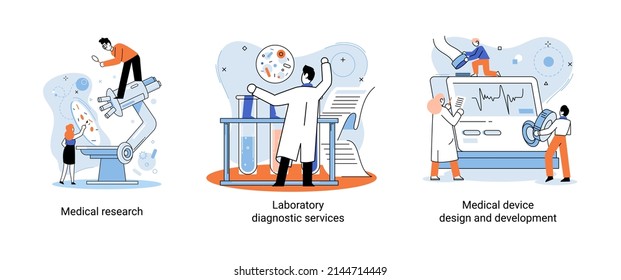 Medical research. Laboratory diagnostic services, medical device design development scenes metaphor. Scientists in hemistry clinic laboratories, microbiology pharmaceutical research. Vaccine discovery