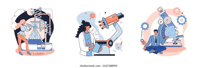 Medical research. Laboratory diagnostic services, medical device design development scenes metaphor. Scientists in hemistry clinic laboratories, microbiology pharmaceutical research. Vaccine discovery