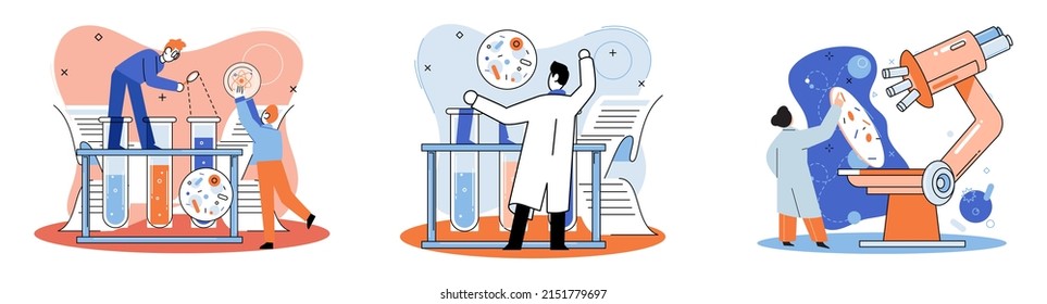 Medical research. Laboratory diagnostic services, medical device design development scenes metaphor. Scientists in hemistry clinic laboratories, microbiology pharmaceutical research. Vaccine discovery