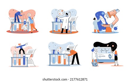 Medical research. Laboratory diagnostic services, medical device design development scenes metaphor. Scientists in hemistry clinic laboratories, microbiology pharmaceutical research. Vaccine discovery