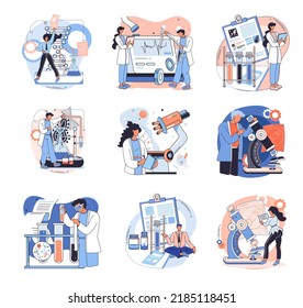 Medical research. Laboratory diagnostic services, medical device design development scenes metaphor. Scientists in hemistry clinic laboratories, microbiology pharmaceutical research. Vaccine discovery