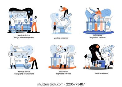 Medical Research. Laboratory Diagnostic Services, Medical Device Design Development Scenes Metaphor. Scientists In Hemistry Clinic Laboratories, Microbiology Pharmaceutical Research. Vaccine Discovery