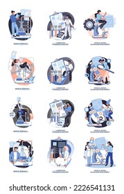 Medical research. Laboratory diagnostic services, medical device design development scenes metaphor. Scientists in hemistry clinic laboratories, microbiology pharmaceutical research. Vaccine discovery